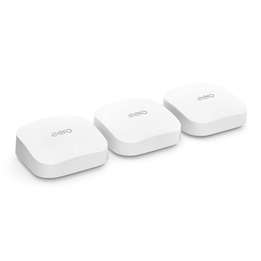 Amazon eero Pro 6E Mesh WiFi Router | 2.5Gbps Ethernet | Up to 560 m² coverage | For connections to over 100 devices | Ideal for streaming, work and gaming | Three pack | 2022 - S010001