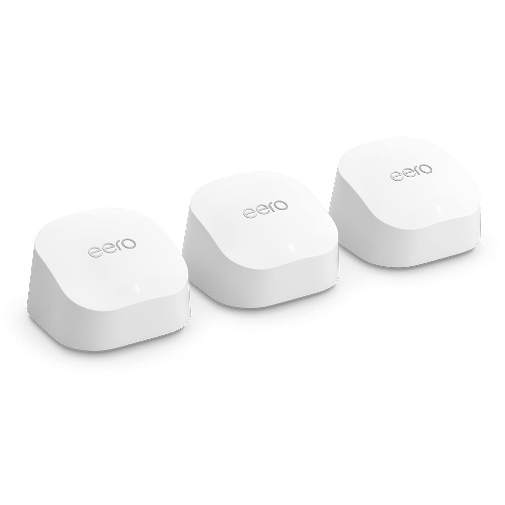 Amazon eero 6+ mesh WiFi router | 1Gbps Ethernet | Up to 420 m² coverage | Connects to over 75 devices | Three pack | 2022 - R010001