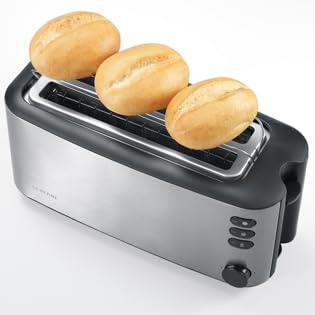 Severin double long slot toaster with built-in bread roll attachment, for 4 slices of bread, bread slice centering, warm-up and defroster level, brushed stainless steel, black, 1,400 W, AT 2509