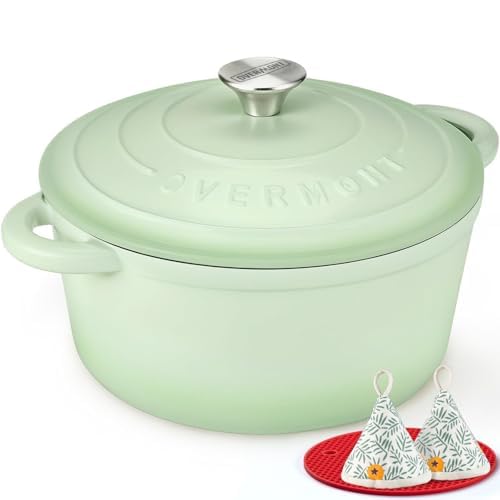 Overmont roasting pan enamel cast iron pot - casserole dish 24cm oven-safe - with lid and cookbook - for kitchen baking stewing roasting pastel green - 24CM-Enamel-Bean