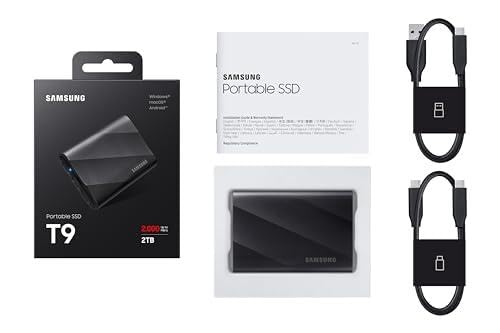 Samsung Portable SSD T9, 2 TB, 2,000 MB/s read, 2,000 MB/s write, USB 3.2 Gen.2x2, external hard drive for professional users, compatible with Mac, PC, smartphone, and 12K cameras, MU-PG2T0B/EU