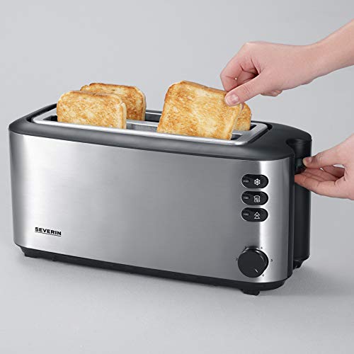 Severin double long slot toaster with built-in bread roll attachment, for 4 slices of bread, bread slice centering, warm-up and defroster level, brushed stainless steel, black, 1,400 W, AT 2509