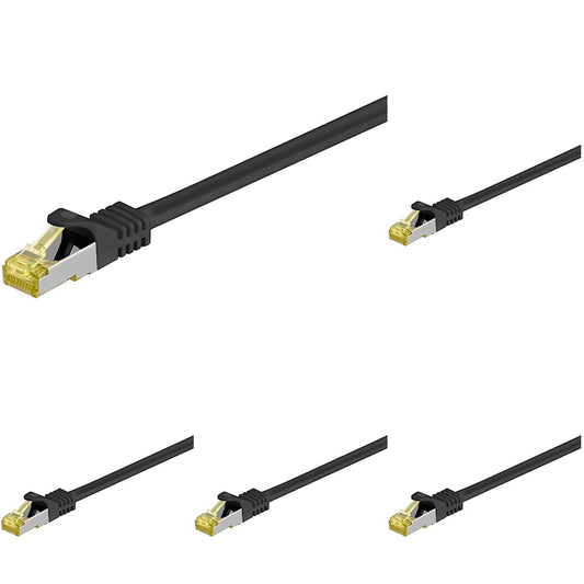 goobay 92653 RJ45 Patch Cable with CAT 7 raw cable, double shielded, S-FTP up to 600 MHz, halogen-free, copper cable connectors, gold-plated contacts, 5 m, Black (Pack of 5)