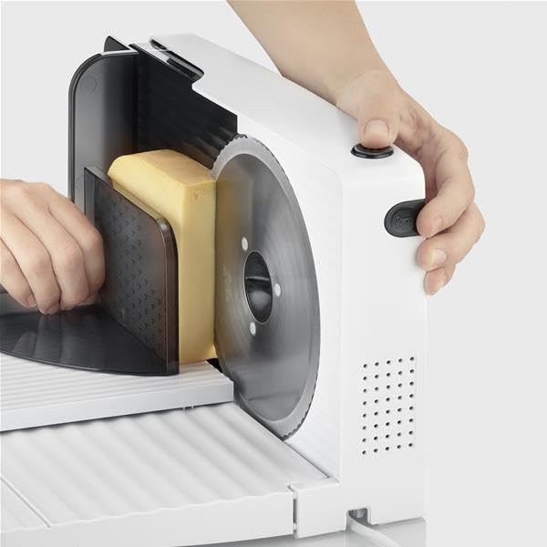 Severin all-purpose slicer for bread, cold cuts or cheese, bread slicer with infinitely adjustable cutting thickness, slicer with finger protection, white-black, AS 3912