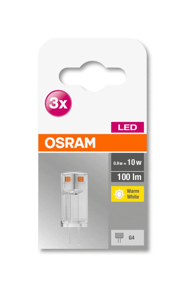 Osram BASE LED Lamp, PIN Lamp with G4 Socket, 0.90W, replacement for traditional 10W light bulb, warm white (2700K), 3-pack (pack of 3) - 4058075449985