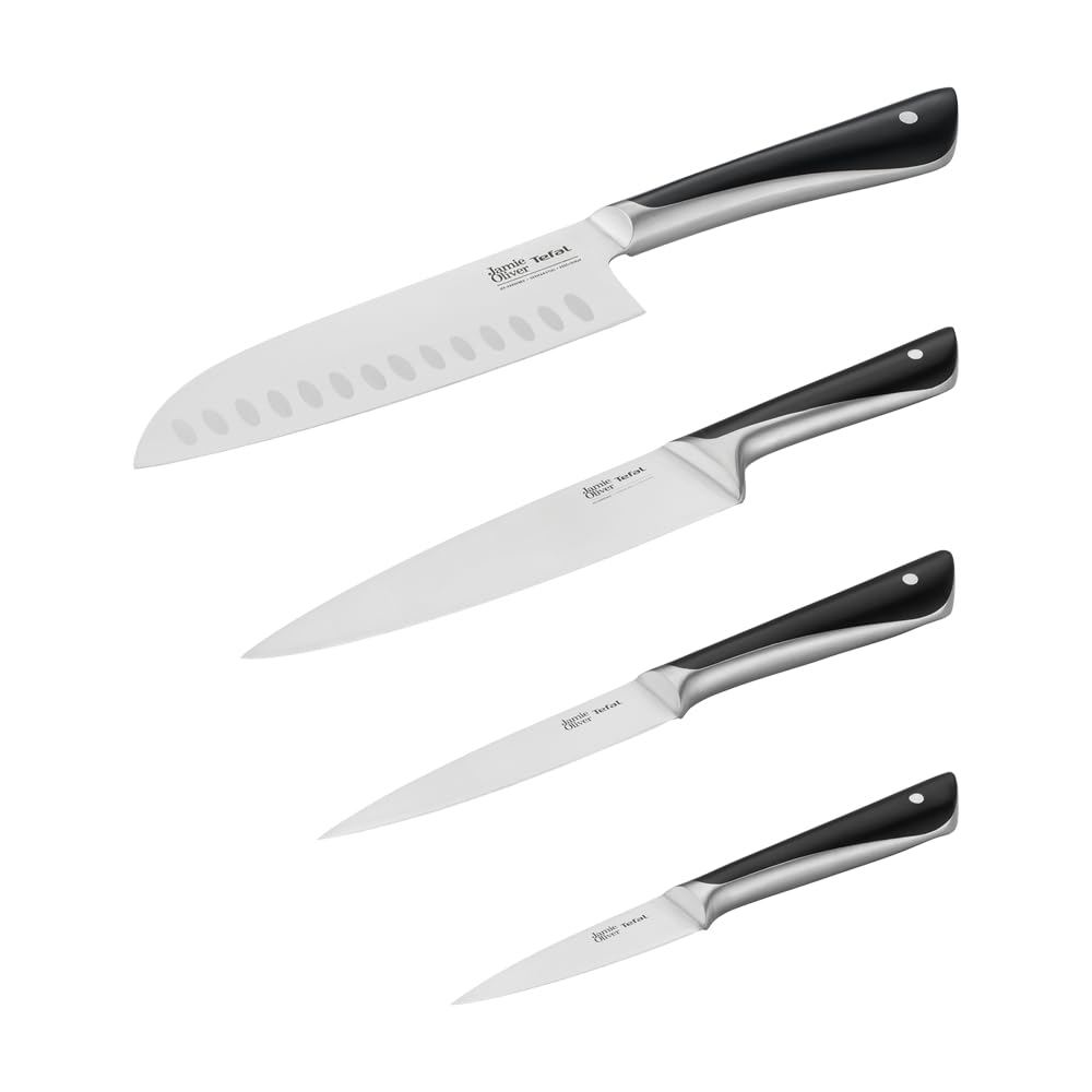 Tefal Jamie Oliver 4-piece knife set, chef's knife, santoku knife, utility knife, paring knife, distinctive design, ice-hardened, durable blades, stainless steel/black, K267S4 - K267S455