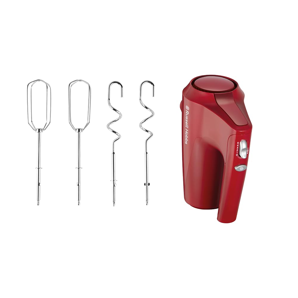Russell Hobbs Hand Mixer, Red, 350 Watt, with Whisk and Dough Hooks - 27152-56