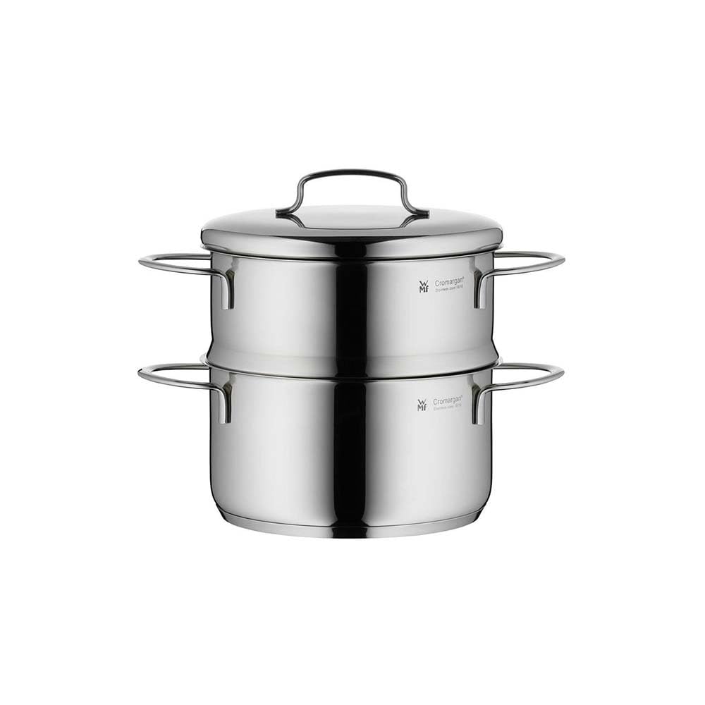 WMF mini steamer with metal lid small 16 cm, 1.5l, steam pot, Cromargan polished stainless steel, induction, steamer pot stackable, ideal for small portions or single households - 0716836040