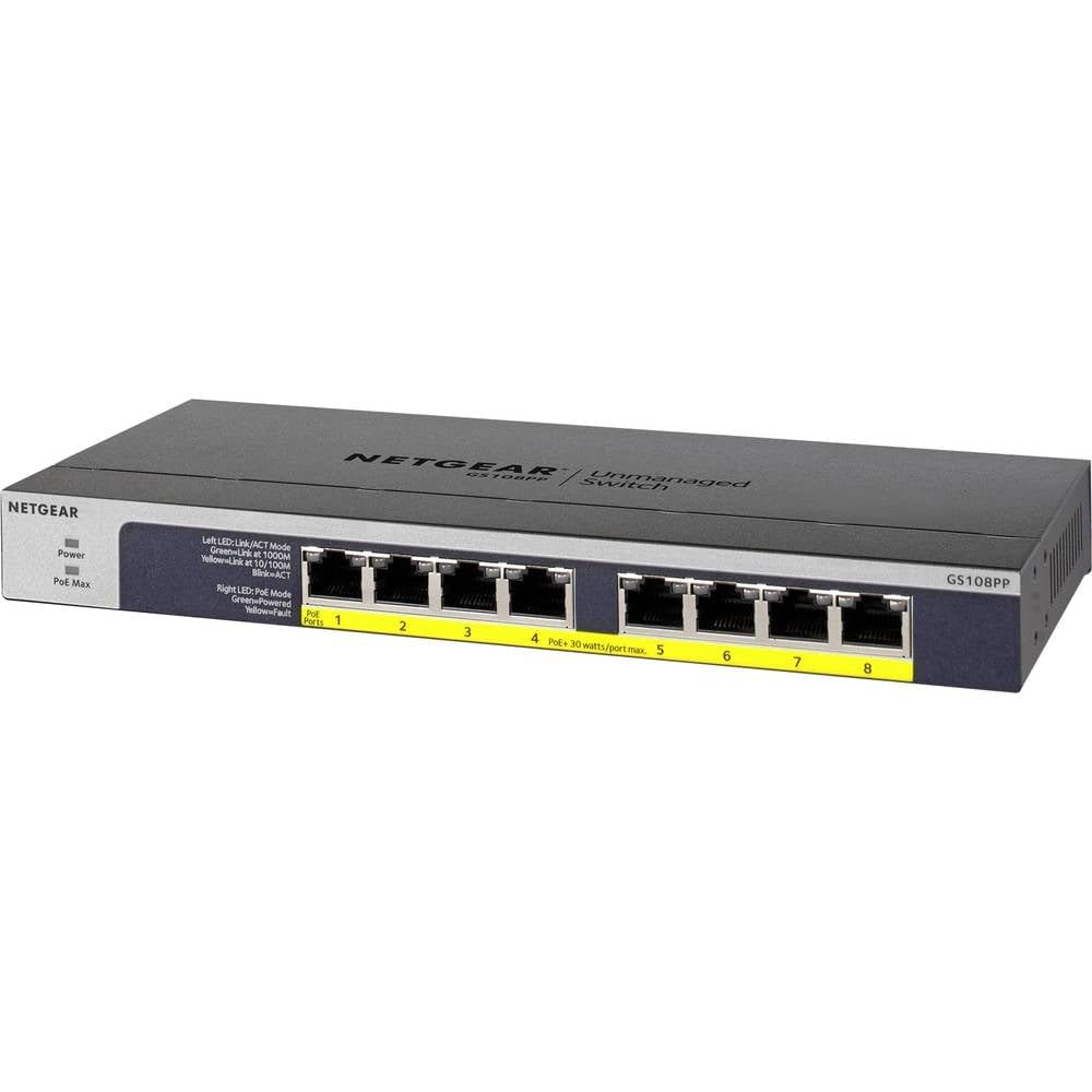 NETGEAR GS108PP Switch PoE cu 8 porturi Gigabit Ethernet LAN, dotat cu 8X PoE+ 123W (Switch de rețea Plug-and-Play PoE, fără ventilator, montare în rack posibilă, garanție pe viață ProSAFE) - GS108PP-100EUS