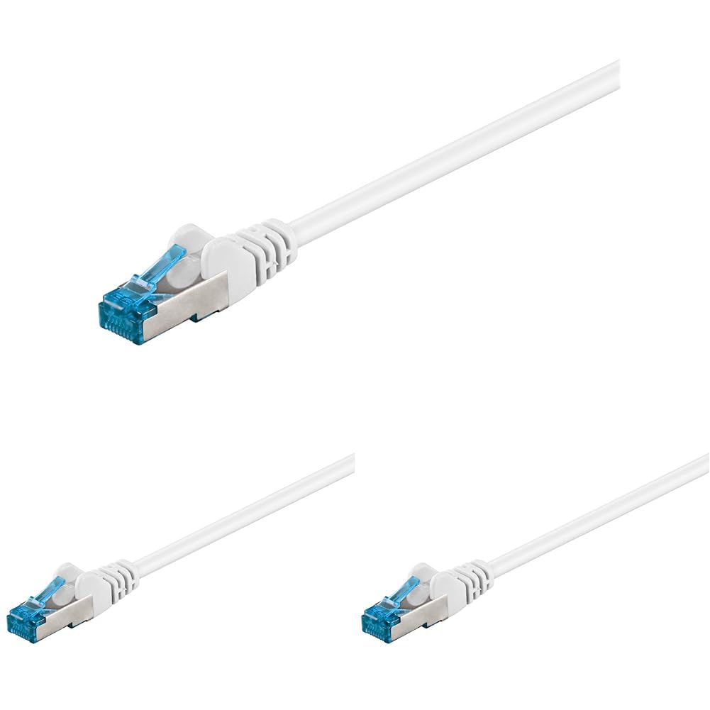 goobay 92713 CAT 6a patch cable, Ethernet cable, double shielded, S-FTP up to 10,000 Mbits, 500 MHz, halogen-free copper cable, RJ-45 plug, gold-plated contacts, 5 m, white (pack of 3)