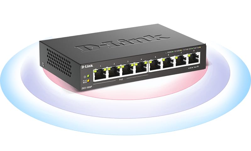 D-Link DGS-1008P, 8-Port Layer 2 Unmanaged PoE Gigabit Switch (4 x 10/100/1000 Mbit/S BaseT PoE port, 4 x 10/100/1000 Mbit/S BaseT port, 60W PoE capacity, plug & play, fanless, metal housing) - DGS-1008P/E