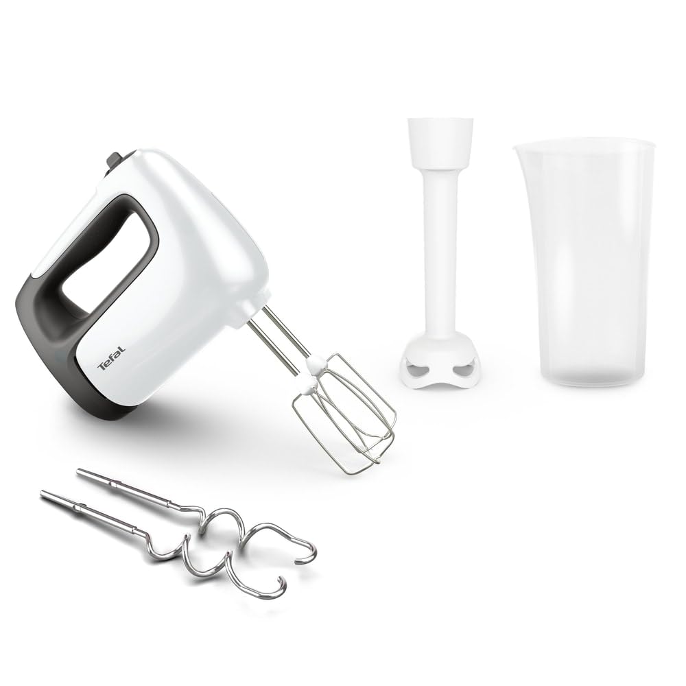 Tefal Prep'Mix+ Mixer de mână cu blender, 500 Watt, buton glisant cu 5 viteze + Turbo, inclusiv accesorii: 2 teluri/2 cârlige pentru frământat/blender/recipient de măsurare, alb/negru, HT4611