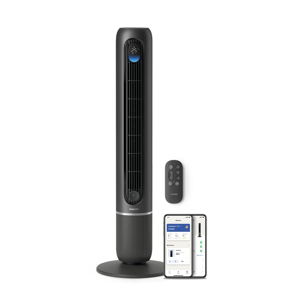Philips Smart Tower Fan 7000 Series - 8.4 m/s strong, ultra-quiet 22 dB, energy efficient, app & remote control, WiFi, 12 levels, sleep mode, temp display, 12-hour timer, 80° oscillation (CX7550/01)