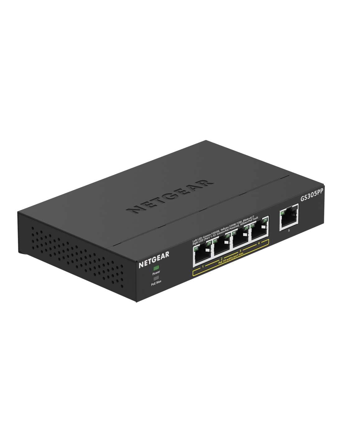 NETGEAR GS305PP PoE Switch 4 Port Gigabit Ethernet LAN Switch PoE+ 83W (5 Ports Plug and Play Network Switch PoE, Fanless, Robust Metal Case) - GS305PP-100PES
