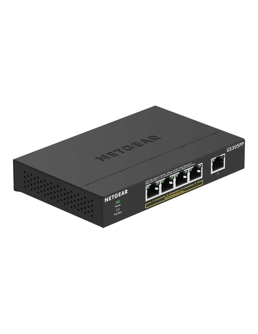 NETGEAR GS305PP PoE Switch 4 Port Gigabit Ethernet LAN Switch PoE+ 83W (5 Ports Plug and Play Network Switch PoE, Fanless, Robust Metal Case) - GS305PP-100PES