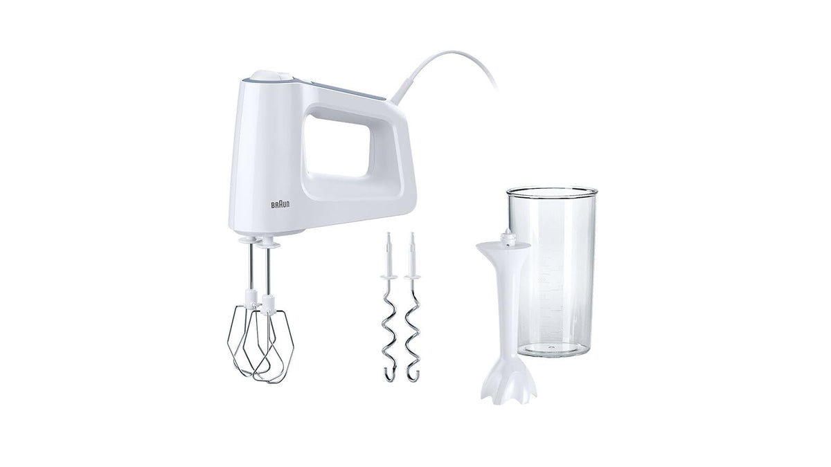 Braun MultiMix 3 HM 3105 Mixer de mână – Aparat de mixat cu 5 trepte de viteză și funcție Turbo, inclusiv tel, cârlige pentru frământat, blender și pahar de mixare și măsurare de 600 ml, 500 Watt, alb