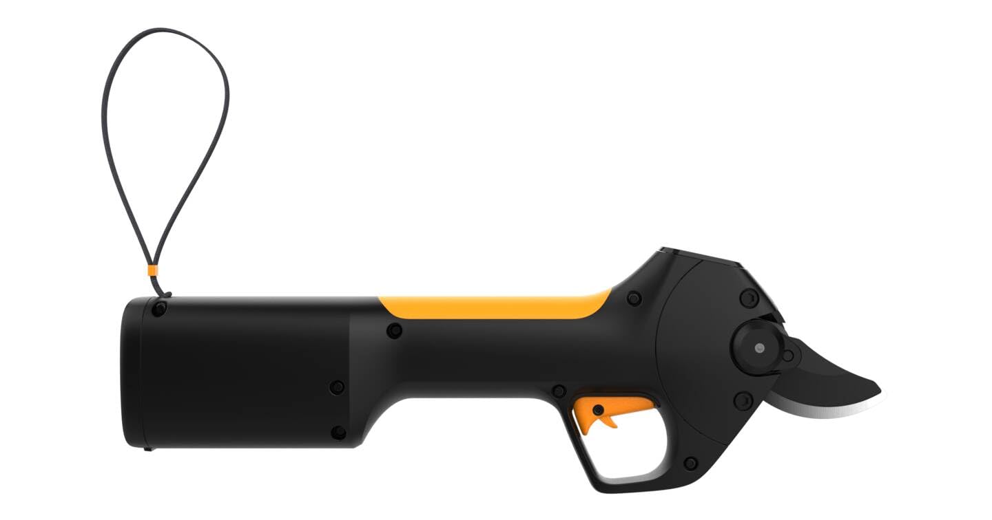 Fiskars cordless secateurs M Bypass, integrated 8V lithium-ion battery, 2 cutting modes, up to 3,500 cuts per charge, for branches up to Ø 25 mm, USB-C charging cable, black/orange, 1082297