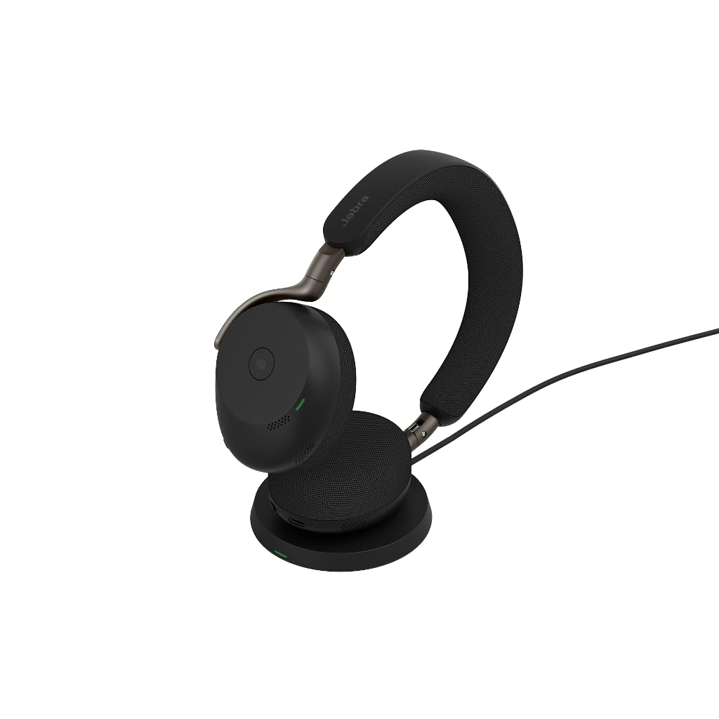 Jabra Evolve3 75 on-ear Bluetooth headset wireless with microphone & charging station for office, USB-A, AI voice call, extended ANC, 22h battery, for online meeting apps, black - 37599-989-989