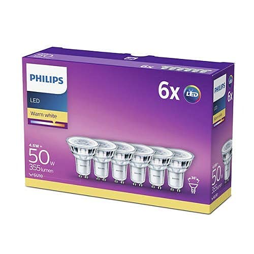 Philips LED Classic GU10 lamps pack of 6 (50 W), reflector LED spots with warm white light, energy-saving lamps with a long useful life, warm white - 9290012152C