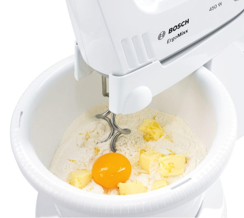 Bosch Hand Mixer, Mixing Bowl plus Stand/Mount, 2 Whisks, 2 Stainless Steel Dough Hooks, 450 W, white, MFQ36460