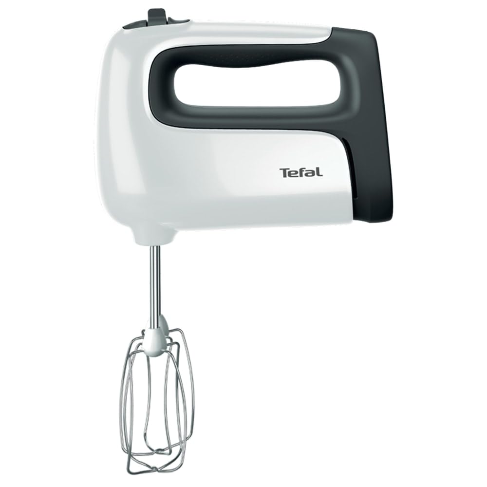 Tefal Prep'Mix+ Mixer de mână cu blender, 500 Watt, buton glisant cu 5 viteze + Turbo, inclusiv accesorii: 2 teluri/2 cârlige pentru frământat/blender/recipient de măsurare, alb/negru, HT4611