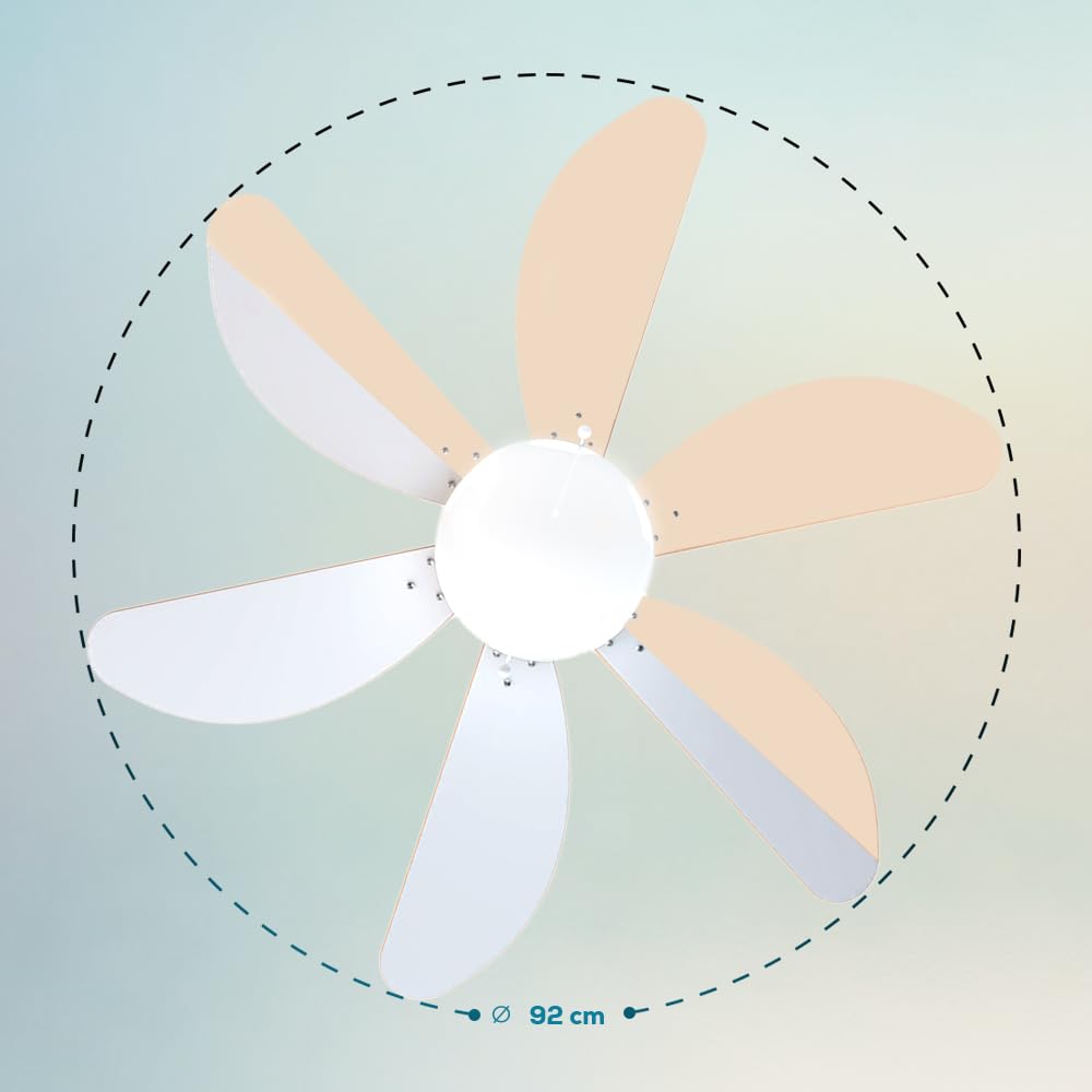 Cecotec ceiling fan EnergySilence 3600 Vision SunLight, 50 W, diameter 92 cm, lamp, 3 speeds, 6 reversible blades, summer/winter function, pull switch, white/yellow - 05963