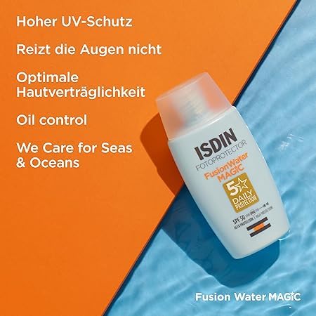 ISDIN Set Fusion Water MAGIC SPF 50 (50ml) + Lip Balm SPF 30 (4g) - Ultralight sun cream face & lip protection - Water-based, does not sting the eyes - 690028001