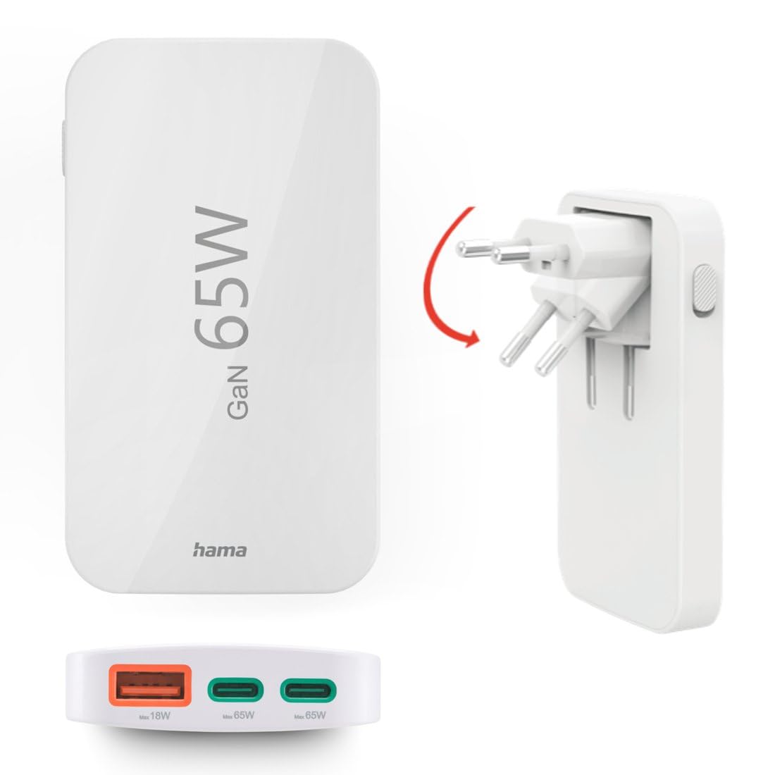 Hama USB C charger (quick charger 65 watts, charging plug for socket 2x USB-C, 1x USB-A, for mobile phone, laptop, tablet, supports power delivery, multiple USB charger with GaN technology) white - 00201976