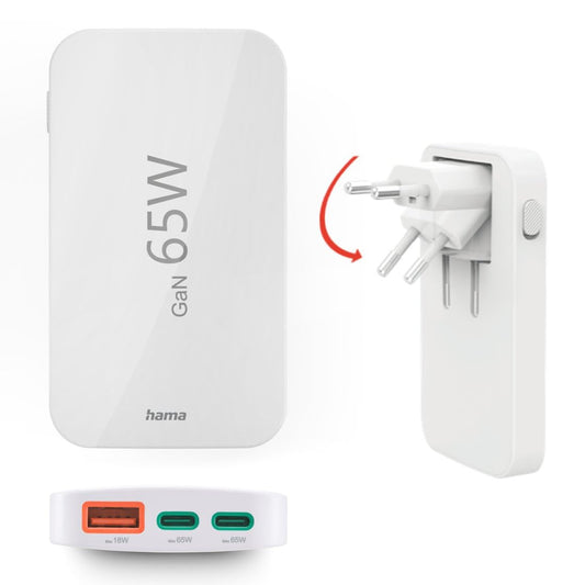 Hama USB C charger (quick charger 65 watts, charging plug for socket 2x USB-C, 1x USB-A, for mobile phone, laptop, tablet, supports power delivery, multiple USB charger with GaN technology) white - 00201976