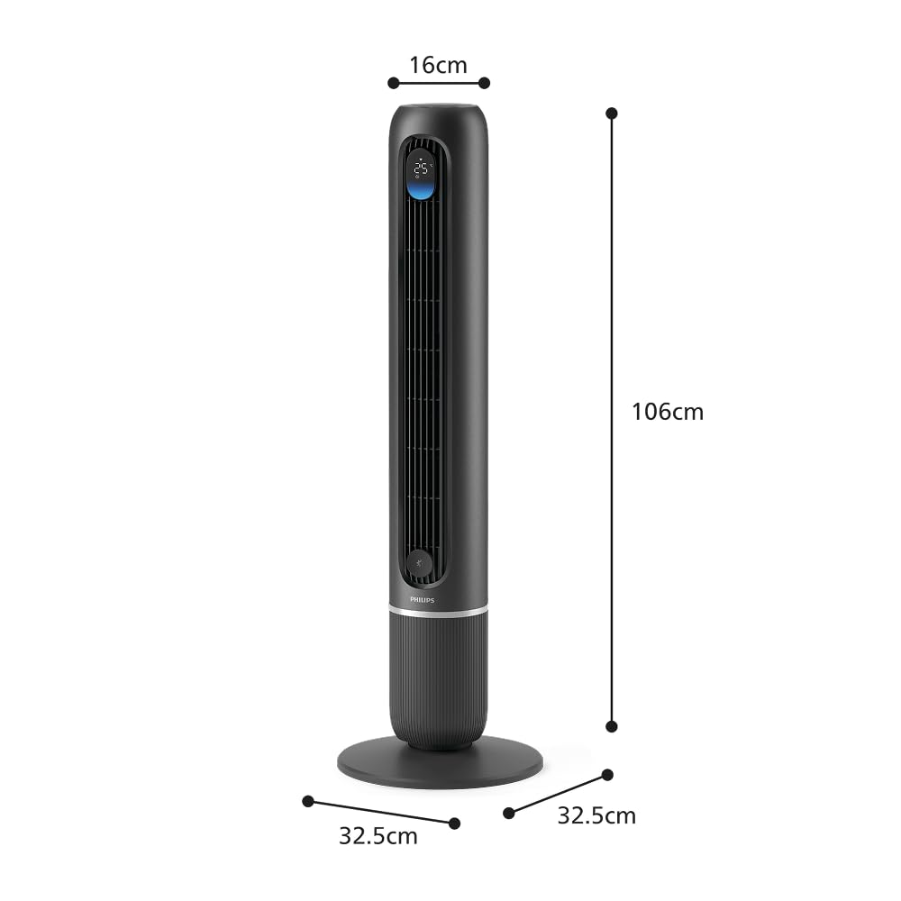 Philips Smart Tower Fan 7000 Series - 8.4 m/s strong, ultra-quiet 22 dB, energy efficient, app & remote control, WiFi, 12 levels, sleep mode, temp display, 12-hour timer, 80° oscillation (CX7550/01)