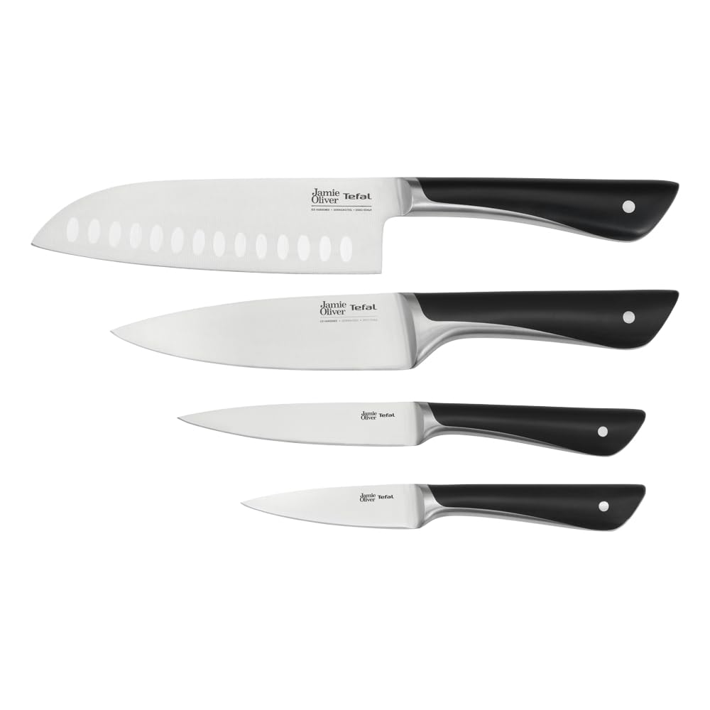 Tefal Jamie Oliver 4-piece knife set, chef's knife, santoku knife, utility knife, paring knife, distinctive design, ice-hardened, durable blades, stainless steel/black, K267S4 - K267S455