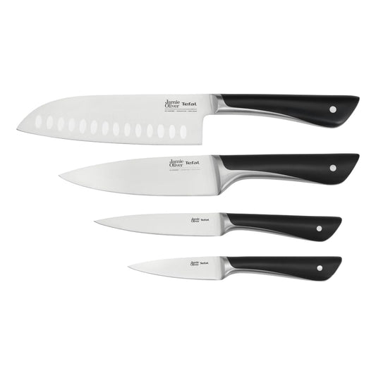 Tefal Jamie Oliver 4-piece knife set, chef's knife, santoku knife, utility knife, paring knife, distinctive design, ice-hardened, durable blades, stainless steel/black, K267S4 - K267S455