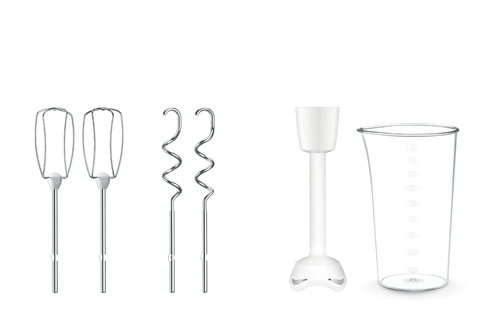 Tefal Prep'Mix+ Mixer de mână cu blender, 500 Watt, buton glisant cu 5 viteze + Turbo, inclusiv accesorii: 2 teluri/2 cârlige pentru frământat/blender/recipient de măsurare, alb/negru, HT4611