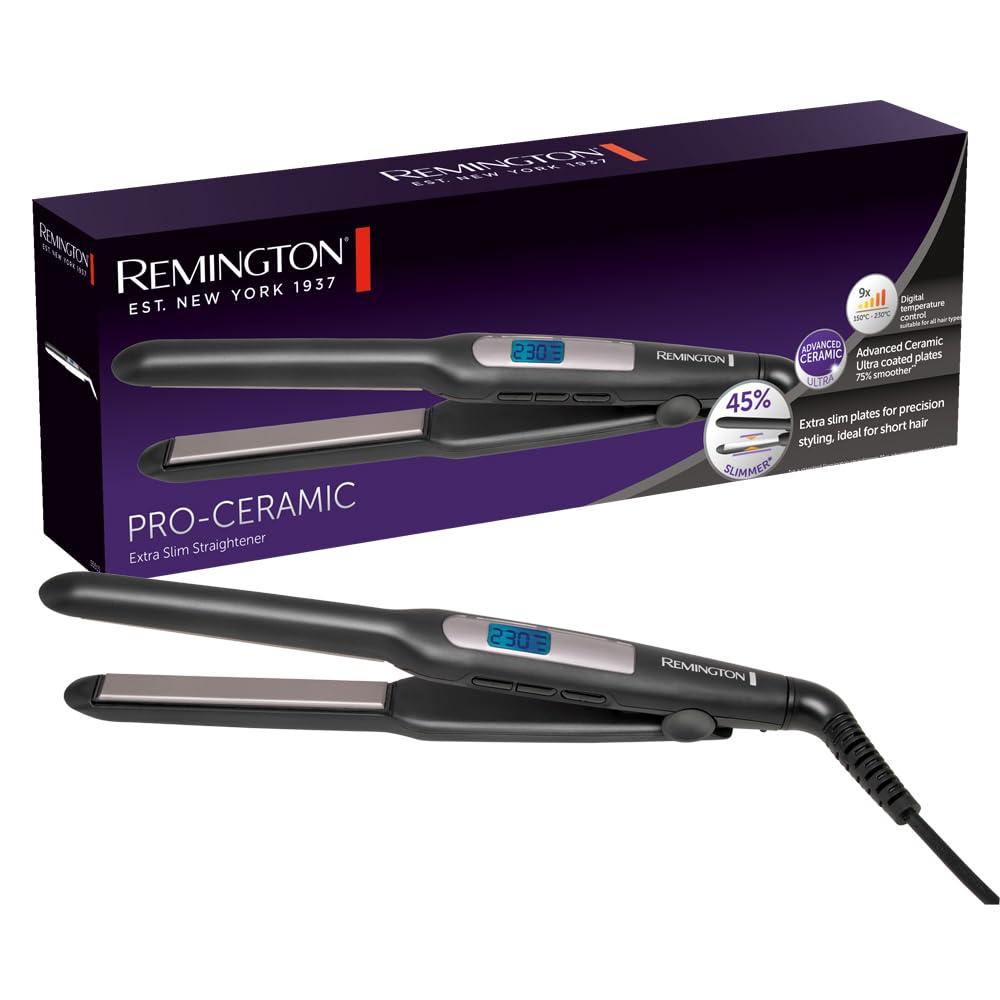 Remington straightening iron [extra narrow plates: for short hair, pixies, bangs, beard & small curls] hair straightener (Ultra-Pro ceramic coating, LCD display, 150-230°C) beard straightener S5515