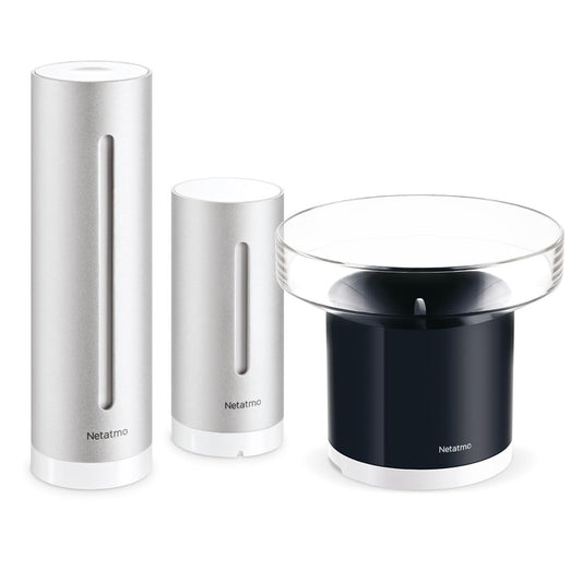 Netatmo Pachet cu stație meteorologică pentru interior și exterior, cu senzor exterior wireless și pluviómetru inteligent, umiditate, calitate a aerului, nivel de zgomot în interior, presiune atmosferică, NBU-NWS-NRG-EU