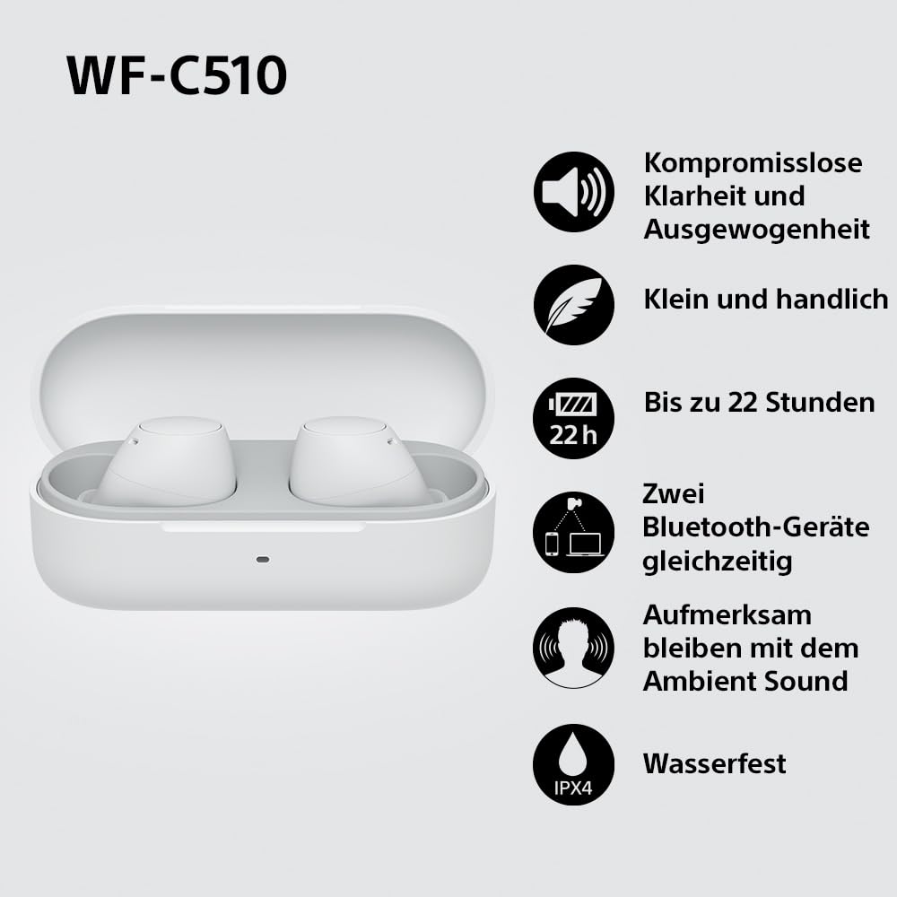 Sony WF-C510 Truly Wireless Headphones - Small, lightweight Bluetooth in-ear headphones with multipoint connection, ambient sound, IPX4 rating, Spotify Tap, Quick Charge, 22 HR battery, iOS & Android - white - WFC510W.CE7
