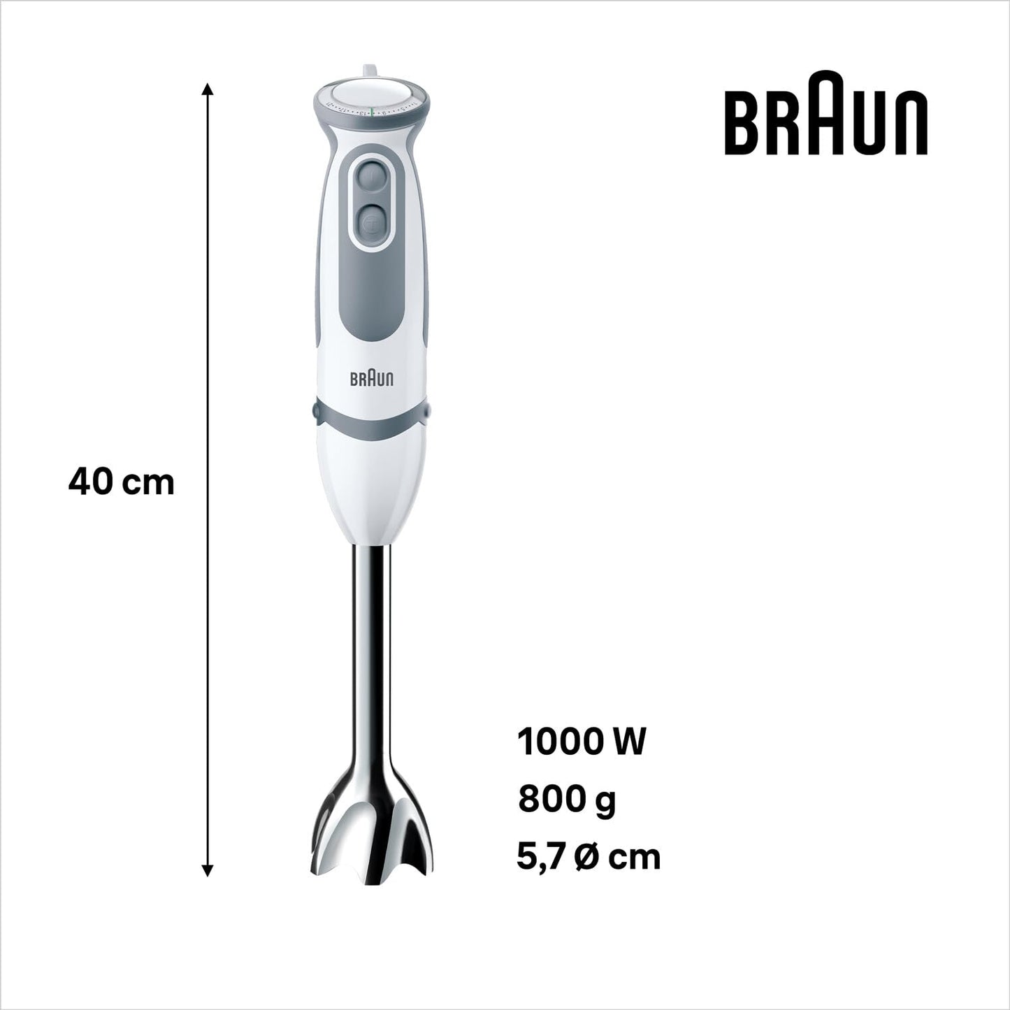 Braun hand blender MQ 5220WH hand blender - MultiQuick 5 Vario hand blender with stainless steel mixing foot, 1000 watts, including 2-piece accessory set, white/gray