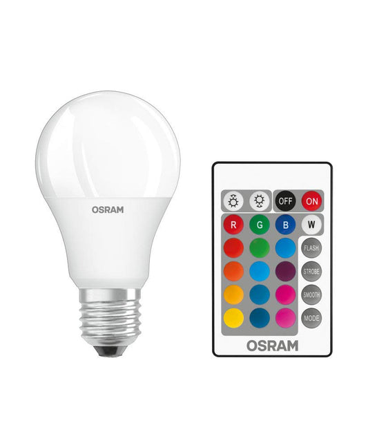 Osram STAR+ RGBW LED Lamp with E27 base, RGB colors changeable via remote control, 9W, classic bulb shape, replacement for 60W incandescent bulb, matte, LED retrofit RGBW lamps with remote control, 4-pack - 4058075430761