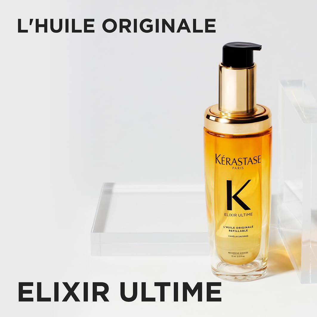 Kérastase Huile Originale Elixir Ultime, hair oil for dry hair, nourishing and protective for more shine without weighing it down, heat protection and anti-frizz, refillable, 75 ml - E4166700