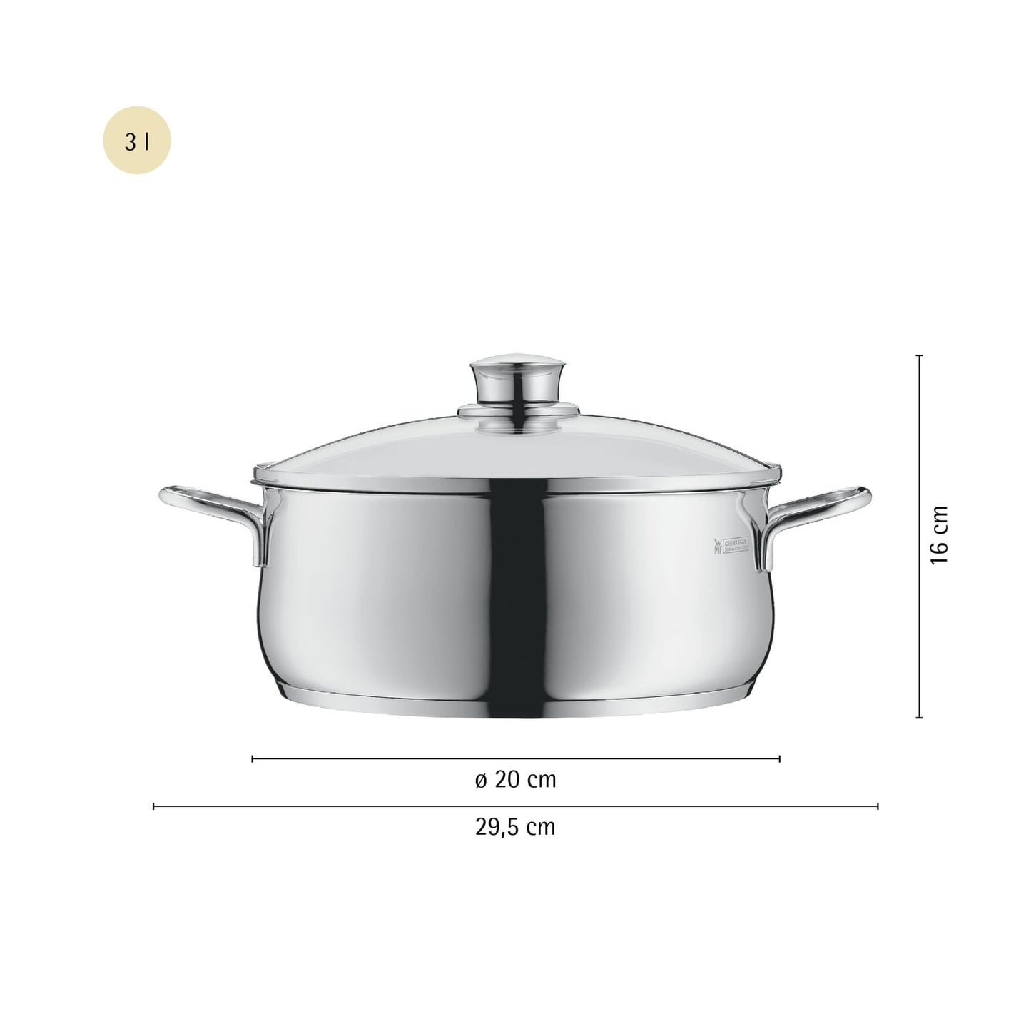 WMF Diadem Plus cooking pot 20 cm, glass lid, pot 20cm, roasting pot induction 3l, large cooking pot Cromargan polished stainless steel, pasta pot uncoated - 0730216040