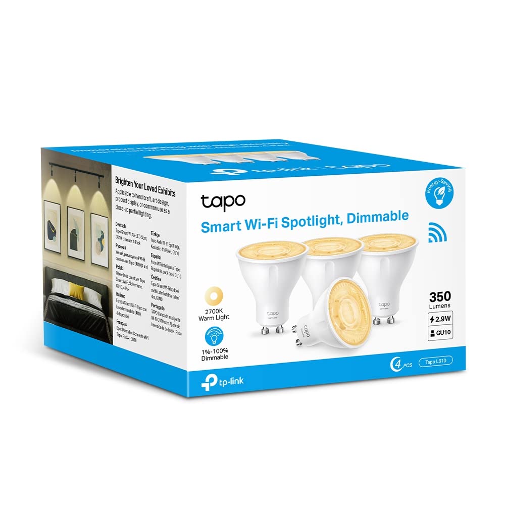 Tapo TP-Link bec inteligent WLAN GU10 L610, 4 bucăți, economisire de energie, 2.9 W echivalent cu 50W, lampă inteligentă dimabilă, accesorii smart home Alexa, compatibil cu Alexa și Google Assistant, Alb