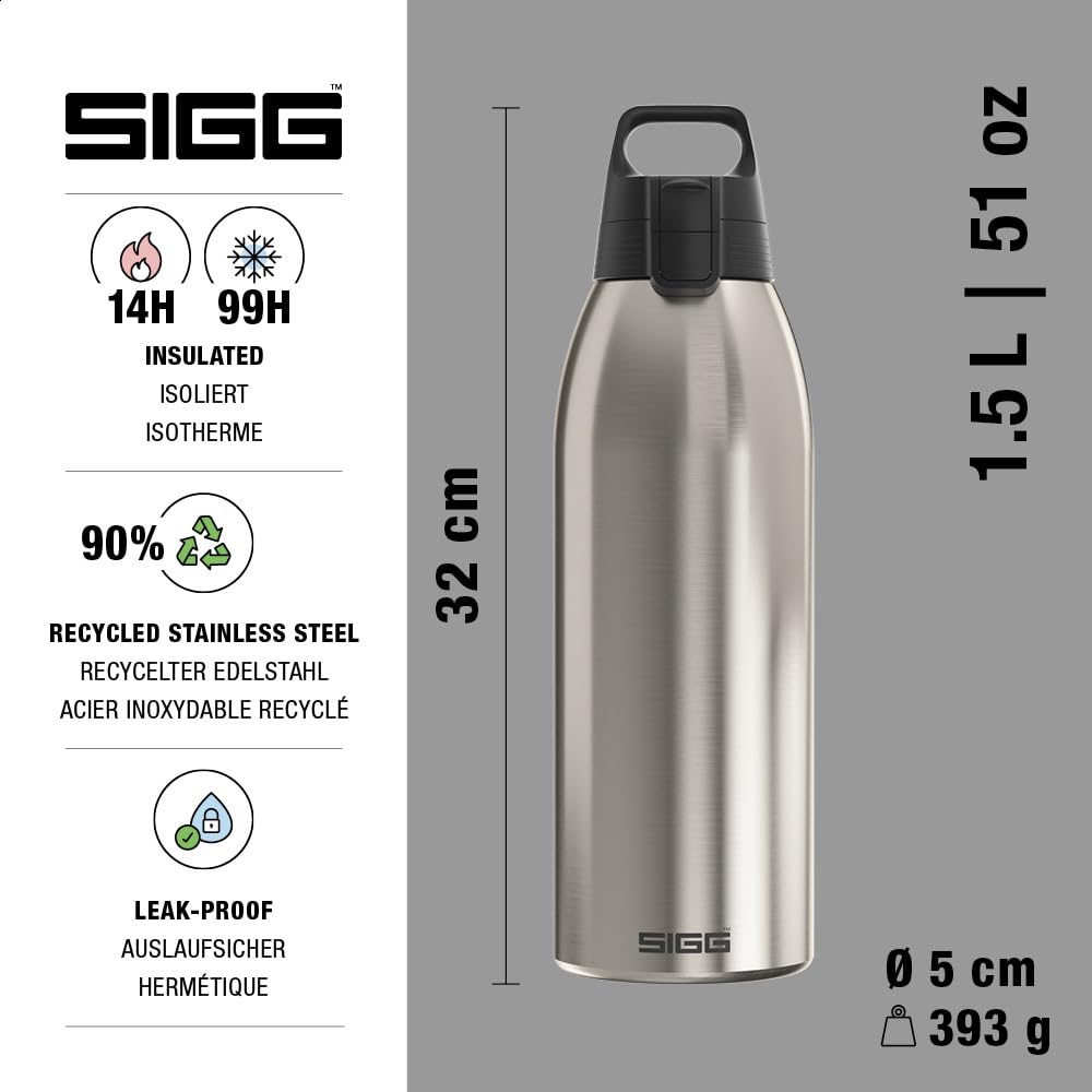 SIGG - Insulated drinking bottle - Thermos bottle Shield Therm One Brushed - carbonated drinks - leak-proof - dishwasher safe - BPA-free - 90% recycled stainless steel - silver - 1.5L - 6218.10