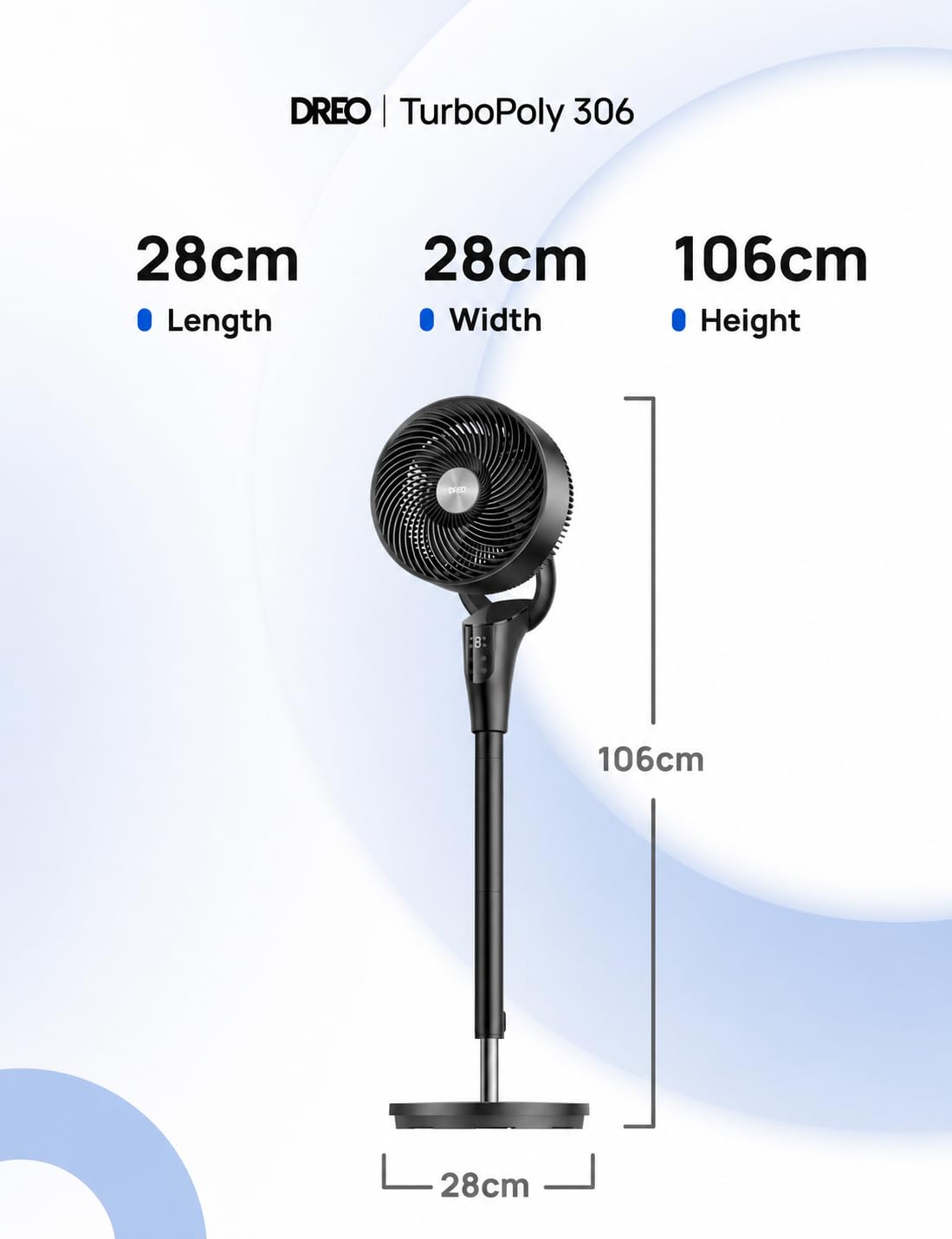 DREO Quiet Stand Fan for Bedroom [Improved], 27m Airflow, Quiet, 90° Oscillating, DC Motor, 8 Speeds, 3 Modes, 96-106cm Height Adjustable, 8H Timer, 105° Manual Tilt - DR-HPF013