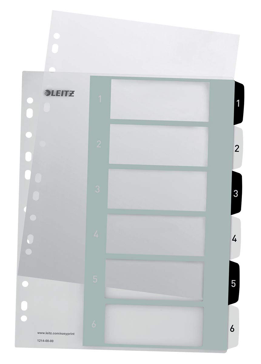 Leitz index for A4+, pack of 20, PC-writable cover sheet and 6 dividers, tabs with numbers printed 1-6, extra width, white/black, polypropylene, WOW, 12140000 - 12140000-20