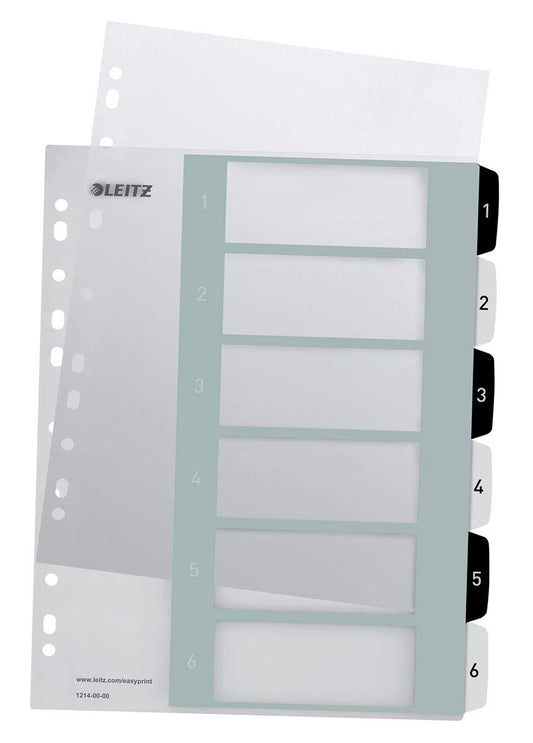 Leitz index for A4+, pack of 20, PC-writable cover sheet and 6 dividers, tabs with numbers printed 1-6, extra width, white/black, polypropylene, WOW, 12140000 - 12140000-20