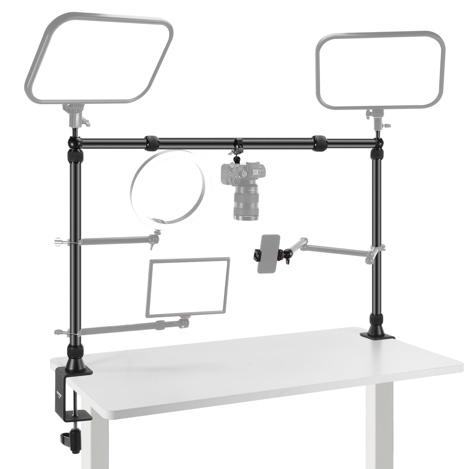 NEEWER Overhead Camera Mount Rig with 2 Ball Head Super Clamp/Mobile Phone Holder/Camera Table Mount, Multi Device Holder Platform Overhead Tripod, Adjustable Height Width, Max Load 12kg, NK002