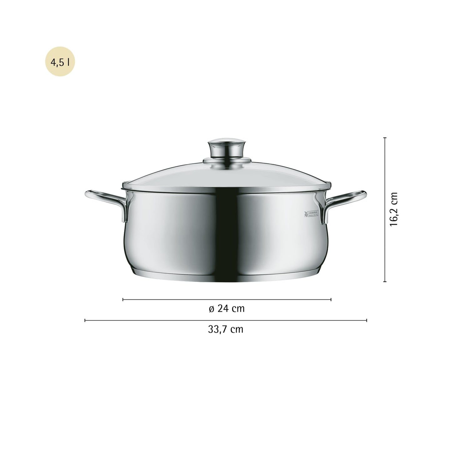 WMF Diadem Plus cooking pot Ø 24 cm large, roasting pot with glass lid, induction cooking pot, dishwasher-safe, 4.5 l, suitable for all common types of stoves, polished Cromargan stainless steel, uncoated - 0730256040