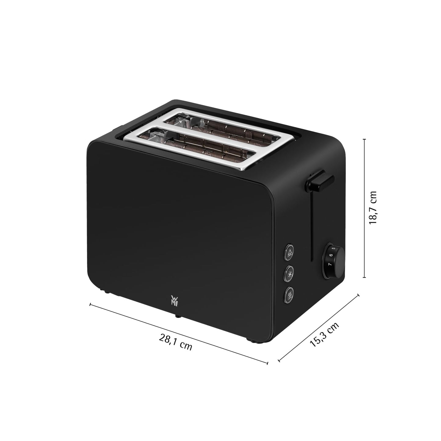 WMF Stelio toaster 2 slices stainless steel, double slot toaster with bread roll attachment, bagel function, 7 browning levels, 900 W, matt black stainless steel - 414210071
