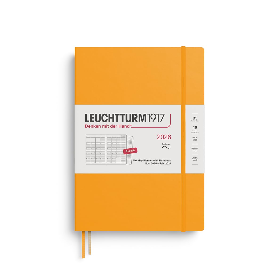 LEUCHTTURM1917 372786 Planificator lunar și compoziție caiet (B5) 2026, 16 luni, copertă moale, soare răsare, engleză