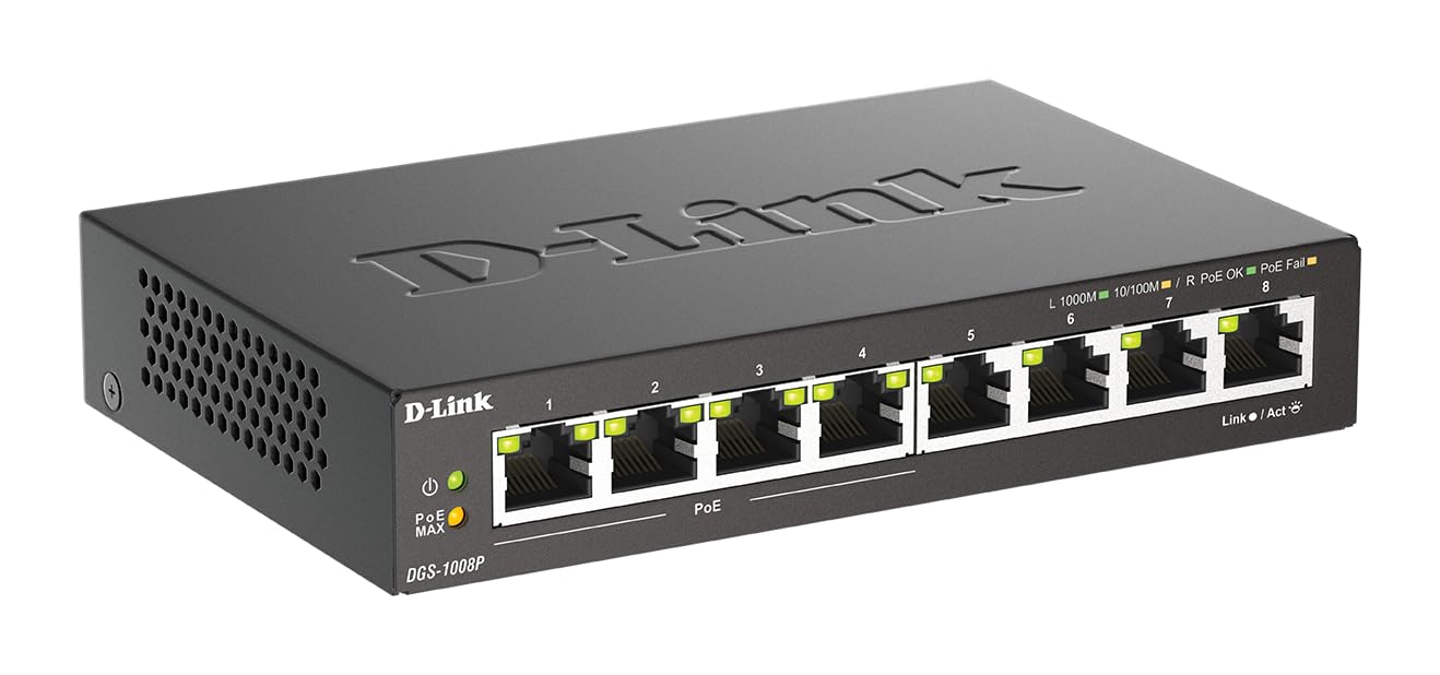 D-Link DGS-1008P, 8-Port Layer 2 Unmanaged PoE Gigabit Switch (4 x 10/100/1000 Mbit/S BaseT PoE port, 4 x 10/100/1000 Mbit/S BaseT port, 60W PoE capacity, plug & play, fanless, metal housing) - DGS-1008P/E